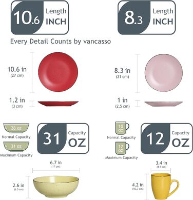 Столовий сервіз з керамограніту, набір посуду vancasso MODA, вінтажний зовнішній вигляд, комбінований сервіз з 40 предметів з 8 обідніми тарілками, тарілками для тортів, суповими тарілками, мисками та чашками кожна (барвистий, комбінований сервіз 20 шт. )