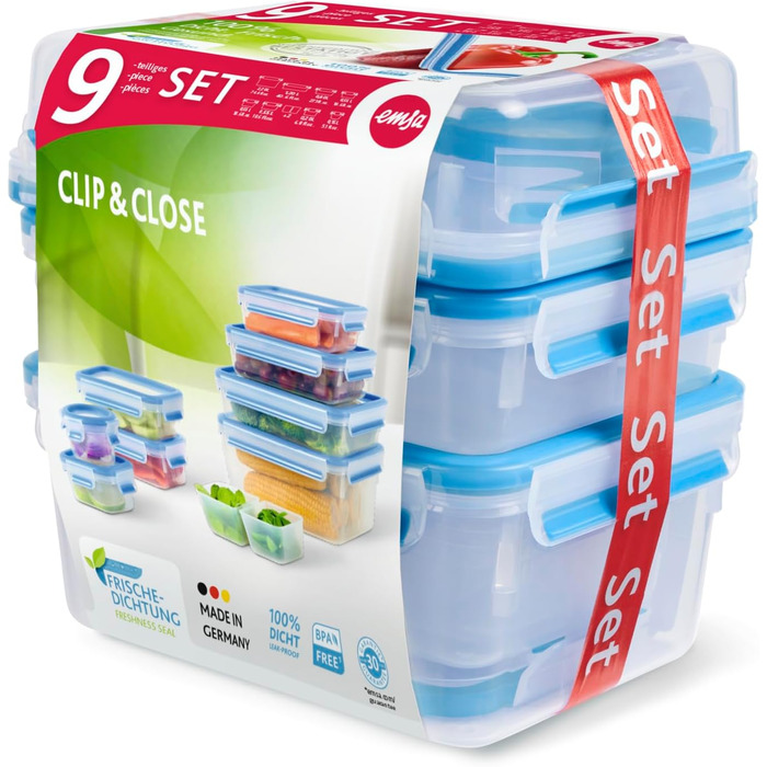 Набір контейнерів для зберігання продуктів EMSA Clip & Close, прямокутні, 5 x 0,8 л, коробки для зберігання, 100 герметичні, придатні для миття в посудомийній машині, морозильній камері та мікрохвильовій печі, прозорі, сині, зроблені в Німеччині, N10307 (