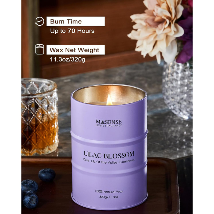 Ароматичні свічки M&SENSE з натурального соєвого воску, натуральна соєва свічка для домашнього декору, тривалий час горіння до 70 годин, класні подарунки-свічки для чоловіків та жінок (320 г, цвіт бузку)