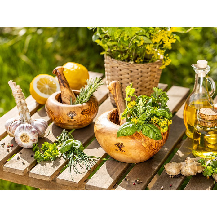 Оливковая ступка и набор пестиков - Ступка - Деревянная ступка - Экологичная ступка для трав и специй Ø Диаметр около 12 см Круглый Ø 12 см