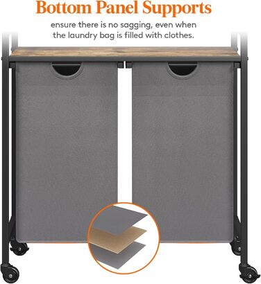 Сворачиваемая корзина для белья Lifewit, 95 л 2 выдвижные корзины для белья с верхней полкой и 2 семными сумками и ручками, сортировщик белья для прачечной, спальни, спальни, ванной комнаты и общежития, черный (76x33,5x78 см, деревенский коричневый серый)