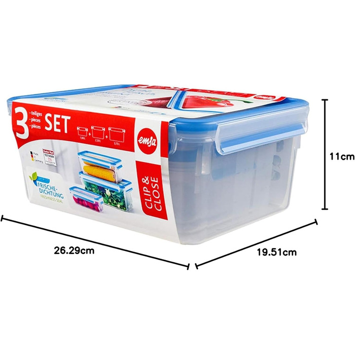 Набір контейнерів для зберігання продуктів EMSA Clip & Close, прямокутні, 5 x 0,8 л, коробки для зберігання, 100 герметичні, придатні для миття в посудомийній машині, морозильної камери та мікрохвильової печі, прозорі, сині, зроблені в Німеччині, N10307 (