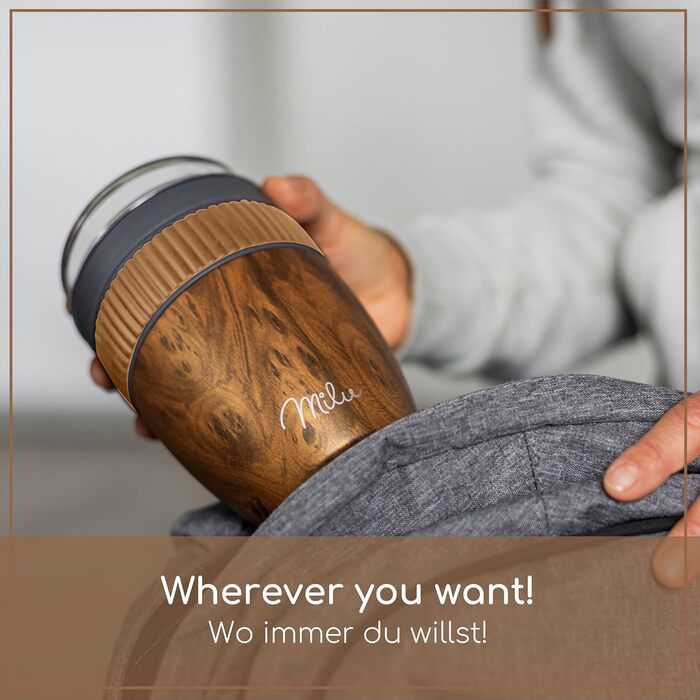 Стаканчик для пластівців Milu на винос 400 мл з назвою MsliMax для йогурту герметичний стаканчик з ложкою (дерев&39яний вигляд, нержавіюча сталь)