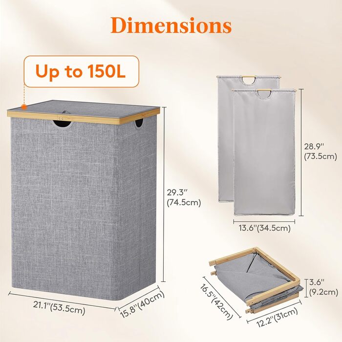 Двойная корзина для белья с крышкой, очень большая бамбуковая корзина для белья, корзина для грязной одежды (серая), 150L