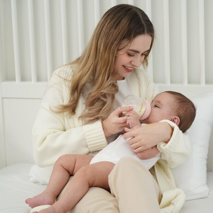 Скляні дитячі пляшечки Oberni з силіконовою соскою, розмір 1, пляшечка для молока з широким горлом, дитяча пляшечка з антиколіковим клапаном для новонароджених від 0 місяців, 150 мл, синя, (зелена/)