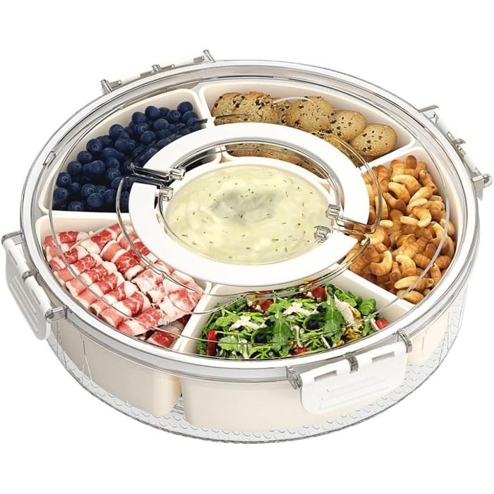 Сервірувальна тарілка у формі миски для закусок, контейнер для солодощів та горіхів із пластику з кришкою з 8 відділеннями, тарілка для закусок, фруктова тарілка, коробка для зберігання десертів, спецій (кругла / 6 відділень)