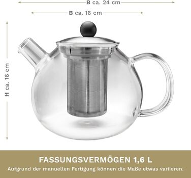 Скляний чайник Creano 1.3 л, скляний чайник із 3 частин із вбудованим ситечком з нержавіючої сталі та скляною кришкою, ідеально підходить для приготування сипучих чаїв, без крапель, моноблок (1,6 л)