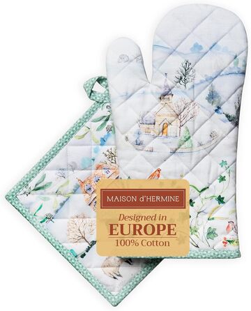 Рукавички для духовки, прихватки для каструль Maison d&39 Hermine, 100 бавовна, термостійкі кухонні рукавички, рукавички для духовки (19 x 33 см) та прихватки для каструль (20 x 20 см) для приготування їжі, Морзін - Рукавички для духовки (19 x 33 см) та п