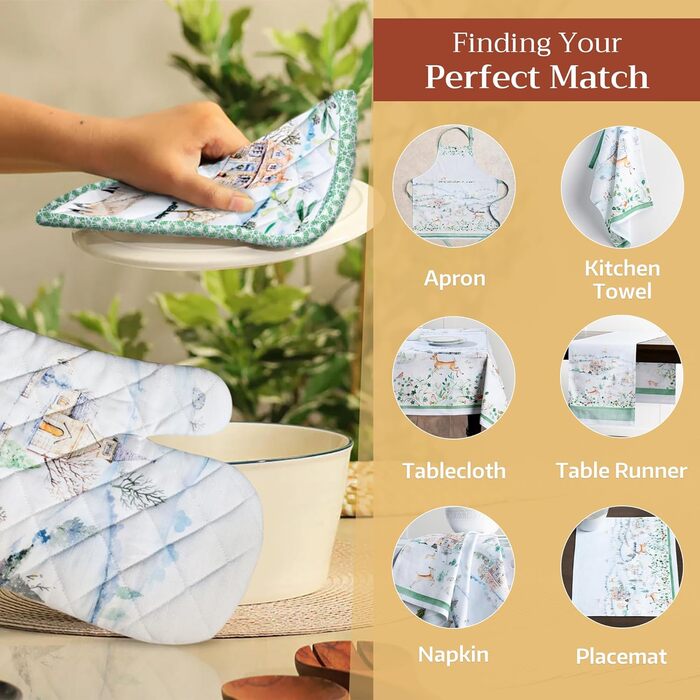 Рукавички для духовки, прихватки для каструль Maison d&39 Hermine, 100 бавовна, термостійкі кухонні рукавички, рукавички для духовки (19 x 33 см) та прихватки для каструль (20 x 20 см) для приготування їжі, Морзін - Рукавички для духовки (19 x 33 см) та п