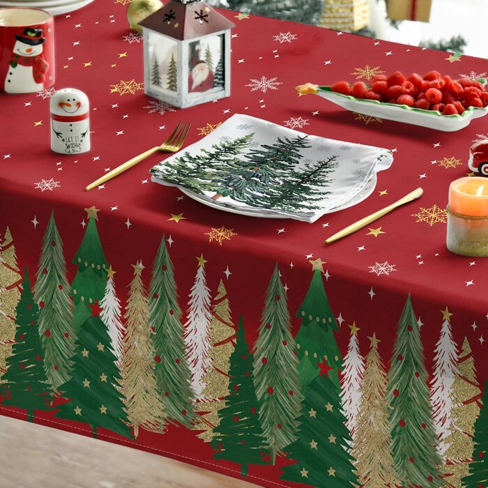 Модна різдвяна скатертина з червоними сніжинками, ялинками та зірками 140x110 см, зимова скатертина для захисту від плям, кухонна прикраса для вечірки 140 x 110 см червоного кольору