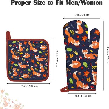 Набір з 2 кухонних рукавиць Arquiel з тримачем для каструлі Gnome Autumn Orange Checked, 100 бавовняні кулінарні рукавички, термостійкі кухонні рукавички для приготування їжі, осінній декор, подарунки для жінок (осіння лисиця, духовка тримач для каструлі)