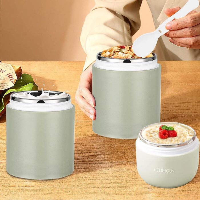 Стаканчик для пластівців Chedin з кришкою, стаканчик для каші з нержавіючої сталі 730 мл, герметичний стаканчик для йогурту з ложкою та кришкою, двошарові герметичні банки для консервування, ідеально підходять для роботи (рожевий зелений)