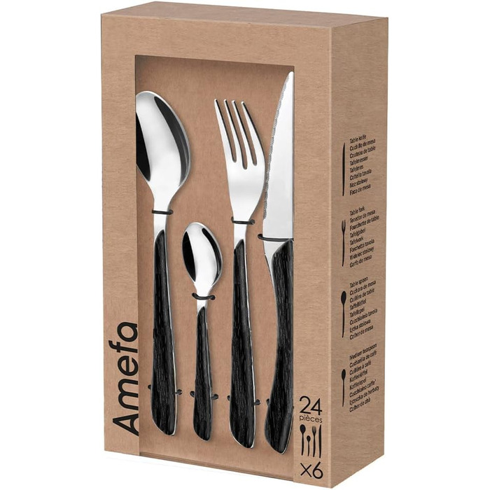 Набор столовых приборов Amefa ECLAT Nature, 24 предмета, набор столовых приборов на 6 человек, коричневые пластиковые ручки под дерево, можно мыть в посудомоечной машине, столовые приборы из нержавеющей стали, светлое дерево (под дерево / черный)