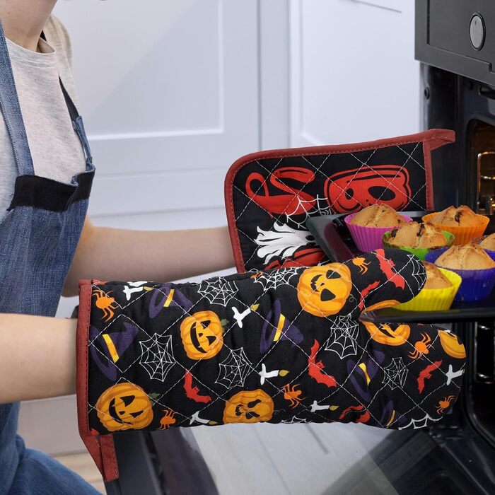 Набір з 2 кухонних рукавичок та підставок для каструль Arquiel Gnome Autumn Orange Checked, 100 бавовняні кулінарні рукавички, термостійкі кухонні рукавички для приготування їжі, осінній декор, подарунки на кухню для жінок (Хелловін, 2 кухонні рукавички 2