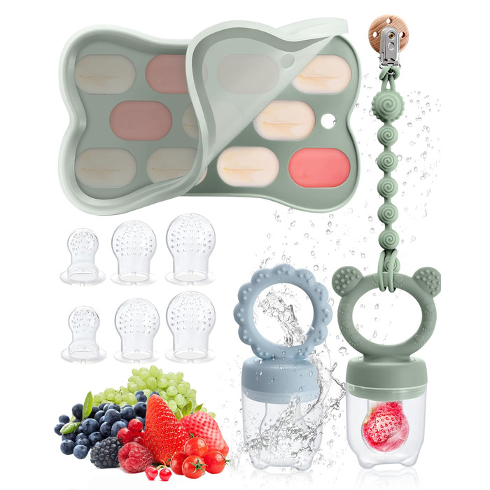 Фруктова пустушка для малюків від 3, 4, 5 та 6 місяців, 2 упаковки дитячої годівниці для фруктового харчування та контейнера для зберігання дитячого харчування, ланцюжок для пустушки та 6 силіконових сосків 3 розмірів, фруктова пустушка для малюків (зелен
