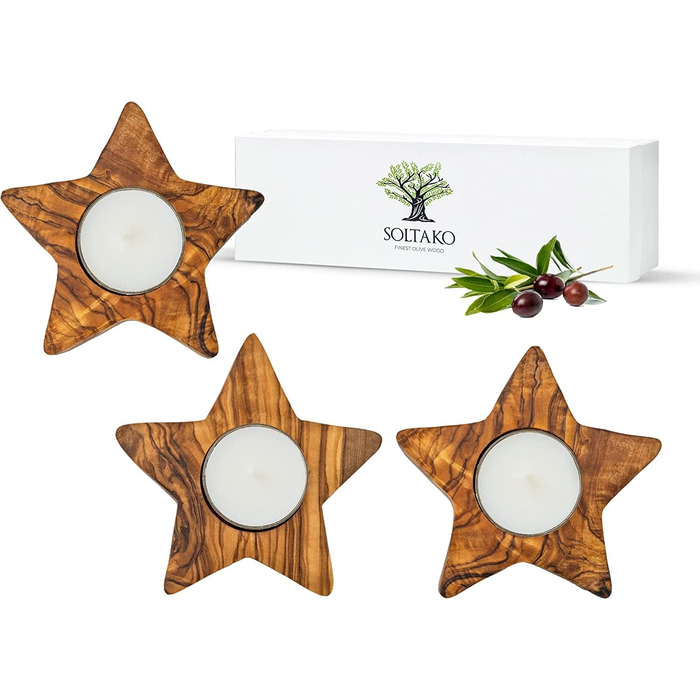 Высококачественные деревенские подсвечники из эксклюзивного оливкового дерева Набор из 3 шт. - Ручная работа - Подсвечник на День святого Валентина из дерева - Держатель для чайной свечи - Украшение стола - Набор украшений для дома 3 звезды