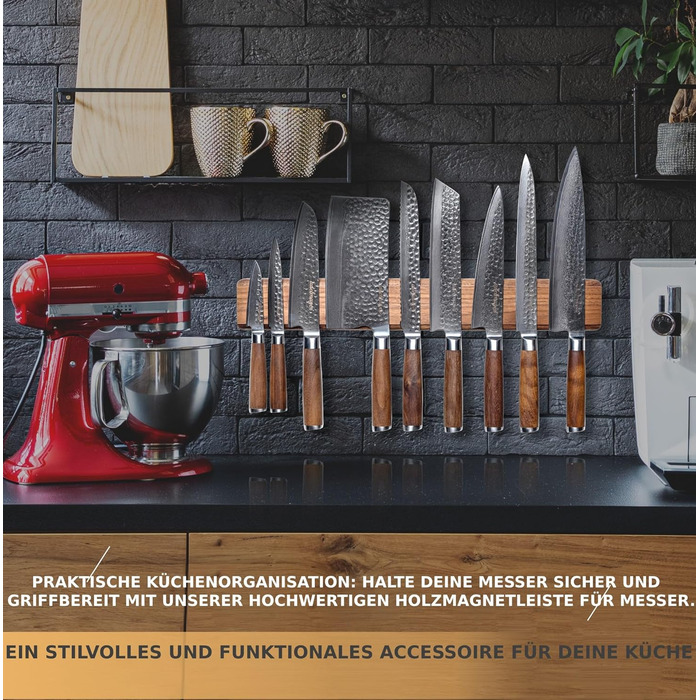Магнітна стрічка з вишуканого дерева волоського горіха для стильної організації ножів 40 x 7 x 3,5 см (50 см)