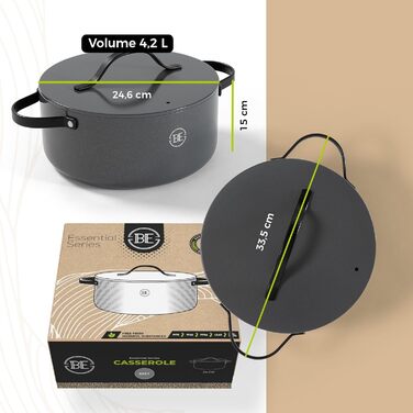 Каструля Be Living Essential з кришкою Ø 28 см з кришкою, антипригарна кераміка, індукційна, без PTFE та PFOA, (4 літри, сіра)