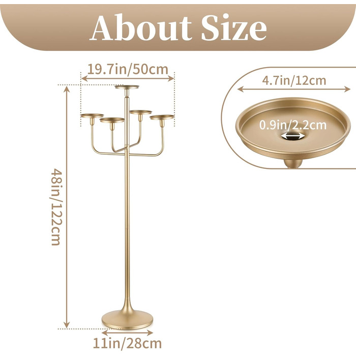 Підсвічник Sziqiqi, великий висота 22 см, 5 вішок, для свічок-паличок, стовпчастих свічок - металевий підлоговий свічник для вітальні на Хелловін, Різдво (золотий, 2)