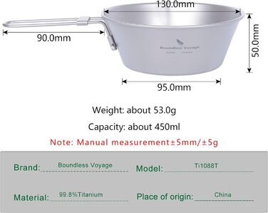 Титанова чаша для кемпінгу зі складною ручкою 450 мл iBasingo