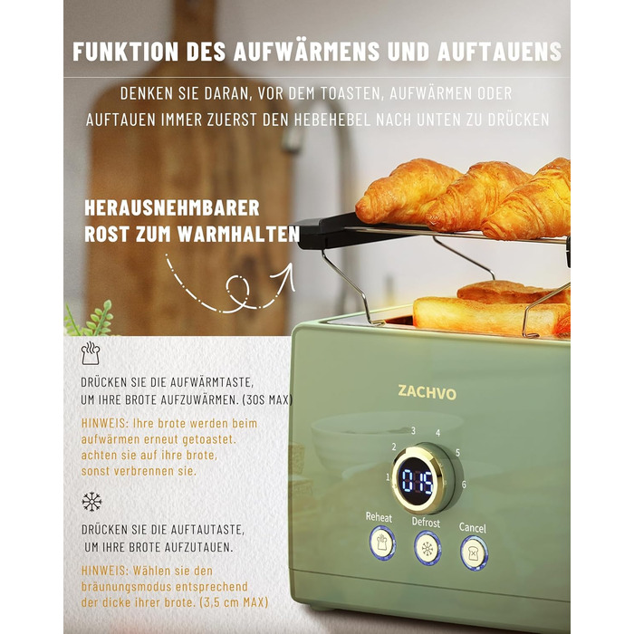 Тостер 850 Вт на 2 скибочки, зелений ZACHVO