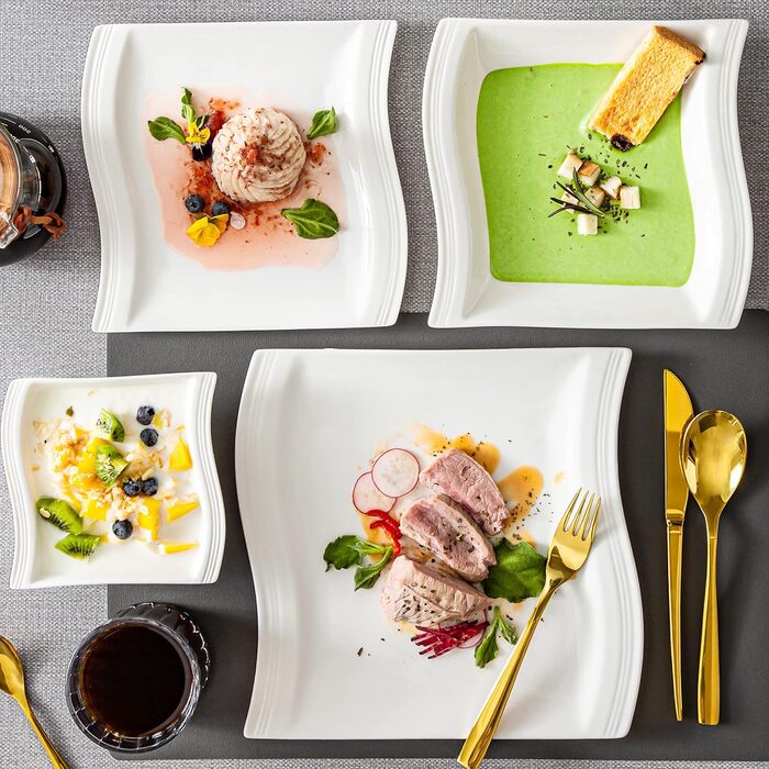 Серія Flora, 30 шт. Мармуровий порцеляновий набір посуду Комбінований обідній сервіз з 6 кавовими чашками, 6 блюдцями, 6 десертними тарілками, 6 суповими тарілками та 6 плоскими тарілками (білі, 26 шт. Комбінований сервіз)