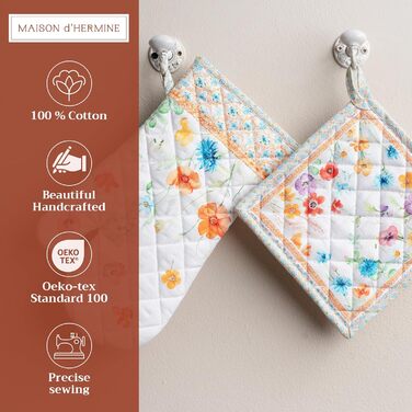 Рукавички для духовки Maison d&39 Hermine, Прихватки для каструль, 100 бавовна, термостійкі кухонні рукавички, рукавички для духовки (19 x 33 см) та прихватки для каструль (20 x 20 см) для приготування їжі, Morzine - Рукавички для духовки (19 x 33 см) та 