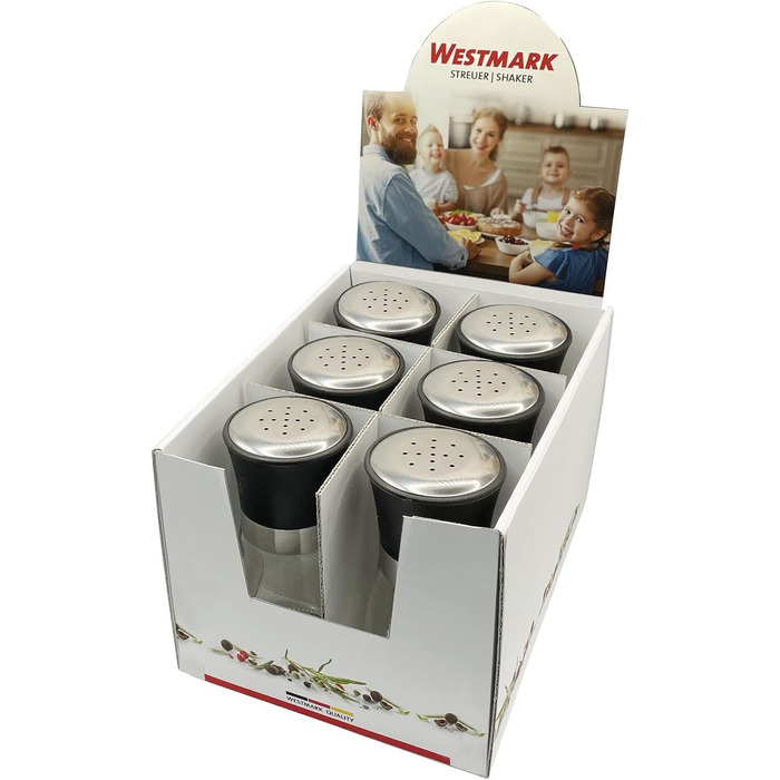 Дисплей Westmark, Вміст 6 дозаторів, Ємність 190 мл кожен, Скло/нержавіюча сталь/пластик, Прозорий/Чорний/Сріблястий, 63592611 (Шейкери для спецій, вишукані, 6 шт. , прозорі/чорні/сріблясті)
