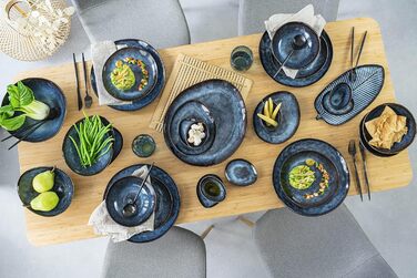 СПІВАЧКА Набір тарілок Токіо 12 шт. , Набір посуду 4 персони, Посуд Столовий посуд, Столовий сервіз в т.ч. Обідня тарілка, Тарілка для торта & Bowl, Вечеря, Обідній сервіз темно-синій з чорними вставками (Тарілка для подачі )