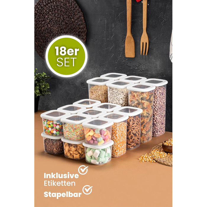 Банки для хранения с герметичными крышками Набор из 24 контейнеров для хранения БЕЗ БИСФЕНОЛА А Для мюсли, хранения муки и сахара Практичный кухонный ящик для хранения всех продуктов (набор из 18 белых)