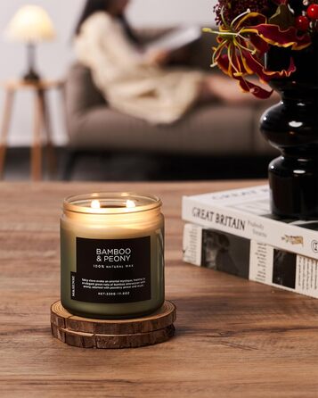 Ароматичні свічки M&SENSE з кавою у скляній банці з 2 гнітами 330 г, час горіння 70 годин, свічка з натурального соєвого воску для спальні, кухні, декору дому, подарункова свічка для чоловіків та жінок, смажена кава (бамбук та півонія)