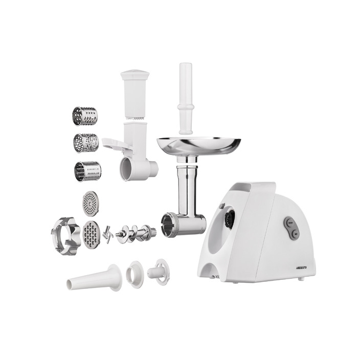 ARDESTO М'ясорубка, 1900Вт, 1.8кг/хв, 3 решітки, насадка для ковбас, кеббе, 4 терки, пластик, білий