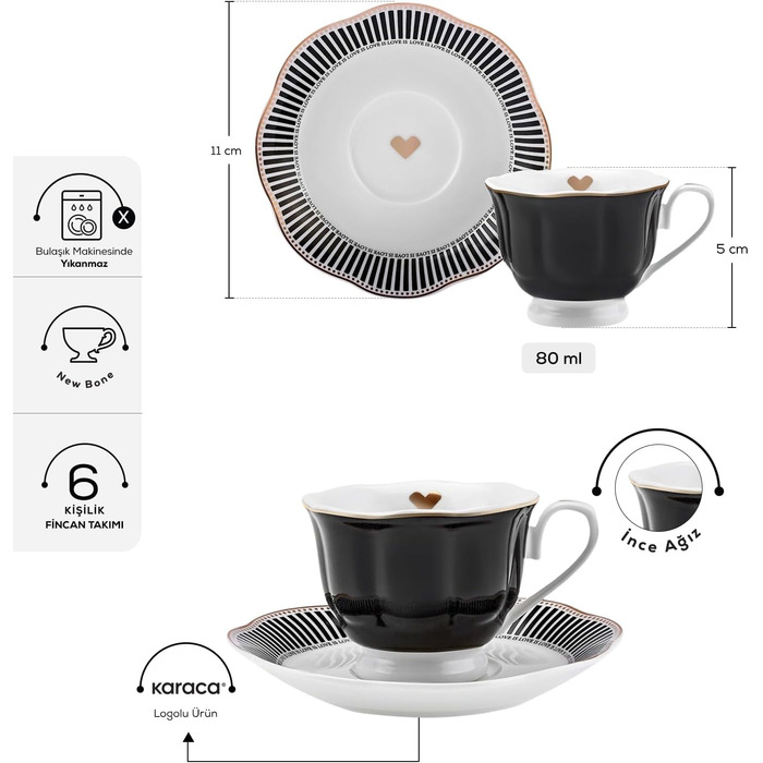 Набір чашок для еспресо з блюдцами на 6 осіб 80 мл, 12 предметів Piraye KARACA