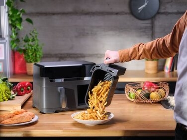 Tefal Мультипечь Dual EasyFry&Grill AirFryer, 2700Вт, чаша-5.2+3.1л, сенсорное управл., 2 чаши, гриль, пластик, черный