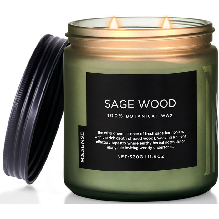 Ароматичні свічки M&SENSE з кавою у скляній банці з 2 гнітами 330 г, час горіння 70 годин, свічка з натурального соєвого воску для спальні, кухні, декору дому, подарункова свічка для чоловіків та жінок, смажена кава (шавлія)