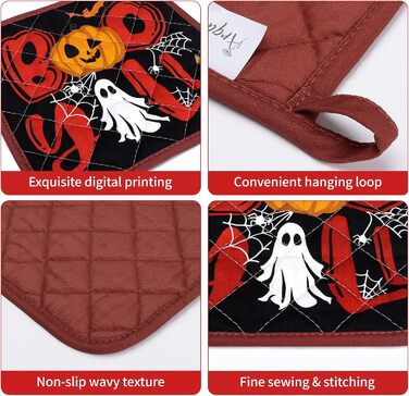 Набір з 2 кухонних рукавичок та підставок для каструль Arquiel Gnome Autumn Orange Checked, 100 бавовняні кулінарні рукавички, термостійкі кухонні рукавички для приготування їжі, осінній декор, подарунки на кухню для жінок (Хелловін, 2 кухонні рукавички 2