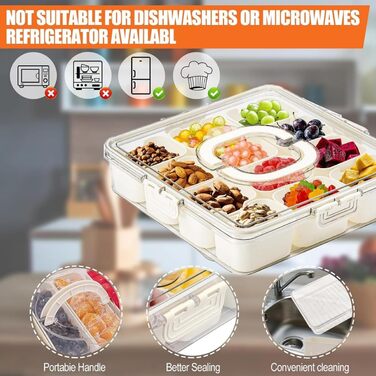 Сервірувальна тарілка у формі миски для закусок, контейнер для подачі солодощів та горіхів із пластику з кришкою з 8 відділеннями, тарілка для закусок, фруктова тарілка, ящик для зберігання десертів, спецій (12 відділень)