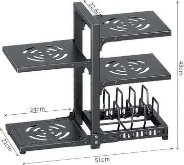 Органайзер для каструль HIMKI для шафи з регульованими відділеннями, тримач для каструль 4/5/7 рівнів, підставка для каструль з тримачем для кришки каструлі для кухонної шафи (5 рівнів, чорний)