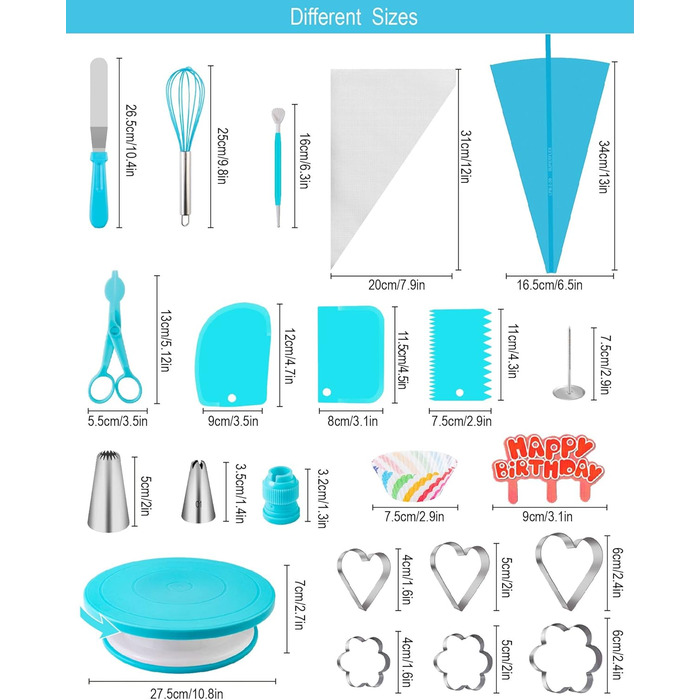 Набір аксесуарів для торта Nifogo, 356 предметів, аксесуари для випічки, аксесуари для декорування тортів з обертовою підставкою, кондитерські мішки, кондитерські насадки, шпателі для початківців (285 шт., сині)