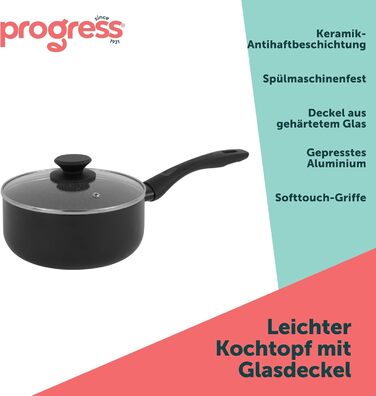Каструлі Progress, каструля з антипригарним покриттям з металу, мармуру та кераміки, легкий алюмінієвий екструзійний матеріал - підходить для всіх типів плит, крім індукційних, каструлі можна мити в посудомийній машині (каструля з кришкою, 1,3 літра)