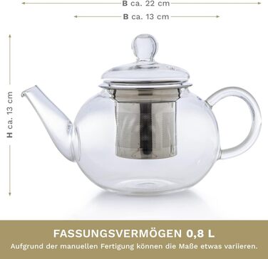 Скляний чайник Creano Glass Teapot з 3 частин із вбудованим ситечком з нержавіючої сталі та скляною кришкою, ідеально підходить для приготування сипучих чаїв, без крапель, моноблок (0,8 л)
