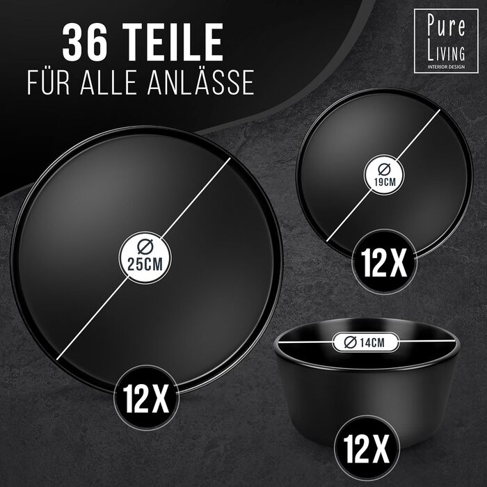 Набір посуду Керамограніт чорний 6 персон Манхеттен 18 шт. - Посуд чорний матовий посудомийна машина і мікрохвильова піч - Набір посуду чорний - Набір тарілок чорний - Чорні тарілки Urban Style (набір 36 предметів)