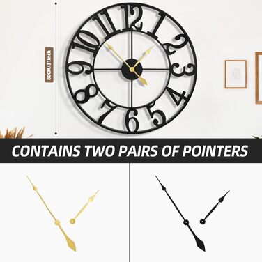 Великий круглий металевий настінний годинник у вінтажному стилі з безшумним нецокаючим годинником на батарейках 40 см, 16-дюймові римські цифри, годинники для вітальні, спальні, кухні, настінний годинник-прикраса (чорні арабські цифри, 80 см)