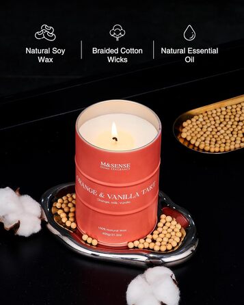 Ароматичні свічки M&SENSE з натурального соєвого воску, натуральна соєва свічка для домашнього декору, тривалий час горіння до 70 годин, класні подарунки-свічки для чоловіків та жінок (600 г, апельсин та ваніль)