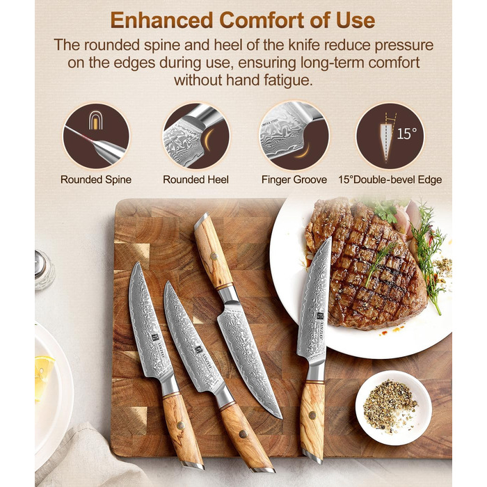 Набор из 4 ножей для стейка из дамасской стали 13 см с деревянным блоком XINZUO