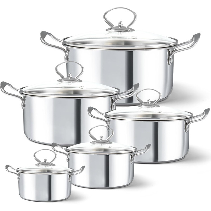 Набор из 5 кастрюль из нержавеющей стали со стеклянными крышками, светло-серебристый HOUSLUX