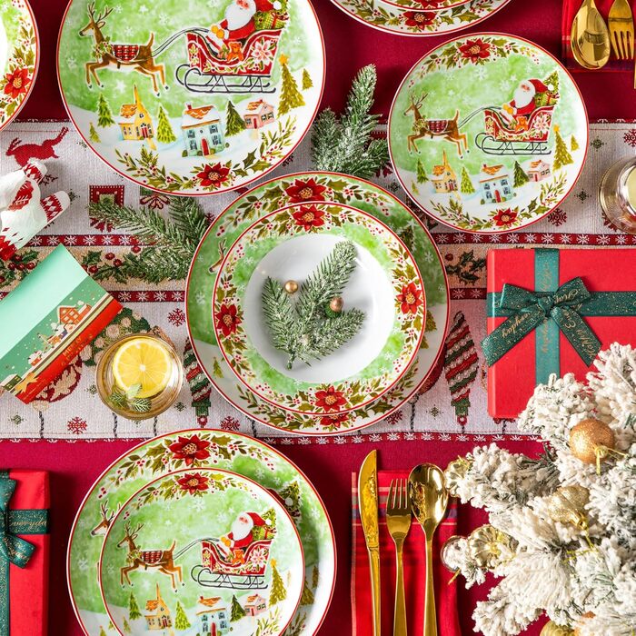 Серія 30-предметний порцеляновий різдвяний набір посуду для 6 осіб, різдвяний кавовий сервіз на 6 обідніх тарілок, 6 десертних тарілок, 6 супових тарілок, 6 кавових чашок та 6 блюдець (Різдвяний, 18-предметний обідній сервіз)