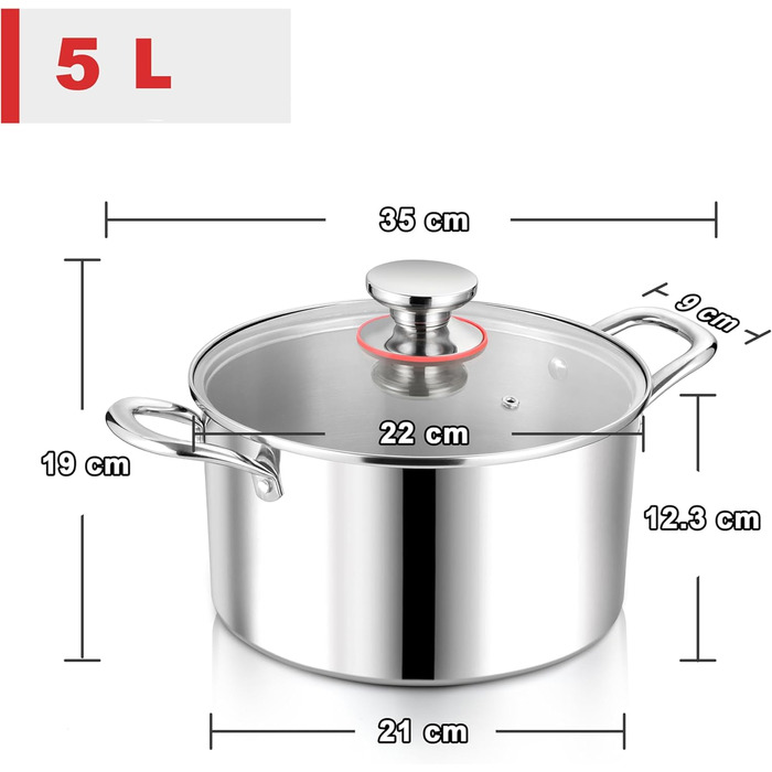 Каструля 5 л з нержавіючої сталі зі скляною кришкою 22 см Herogo