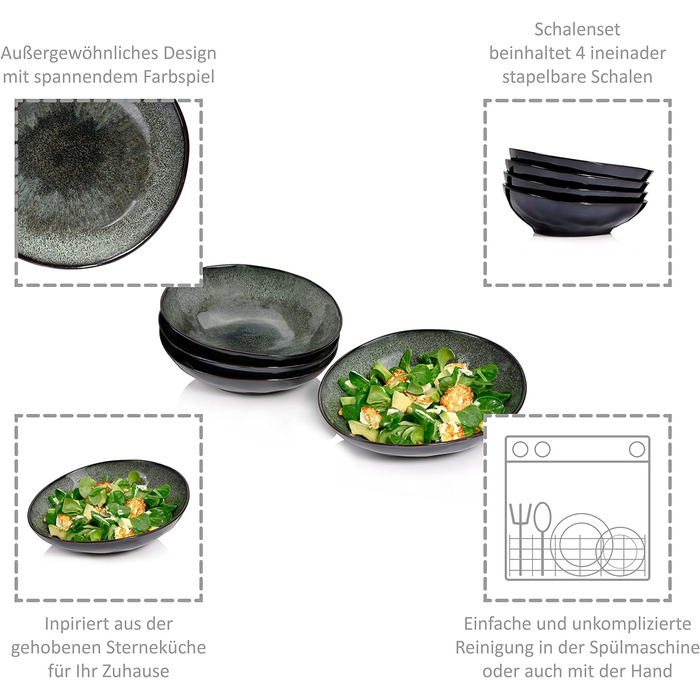 СПІВАЧКА Набір тарілок Копенгаген 12 шт. , Набір посуду з керамограніту 4 персони, Обідній сервіз з обідніми тарілками, Тарілки для сніданку та глибокі тарілки, Набір обідніх тарілок Можна мити в посудомийній машині, Столовий сервіз Green Grey (салатники 