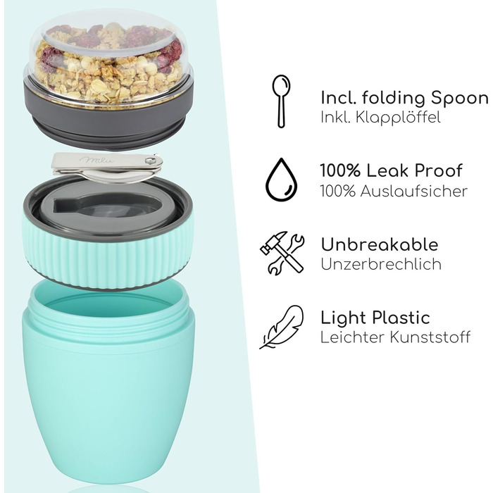 Стаканчик для пластівців Milu на винос 400 мл з назвою MsliMax для йогурту герметичний стаканчик з ложкою (бірюзовий, пластиковий)